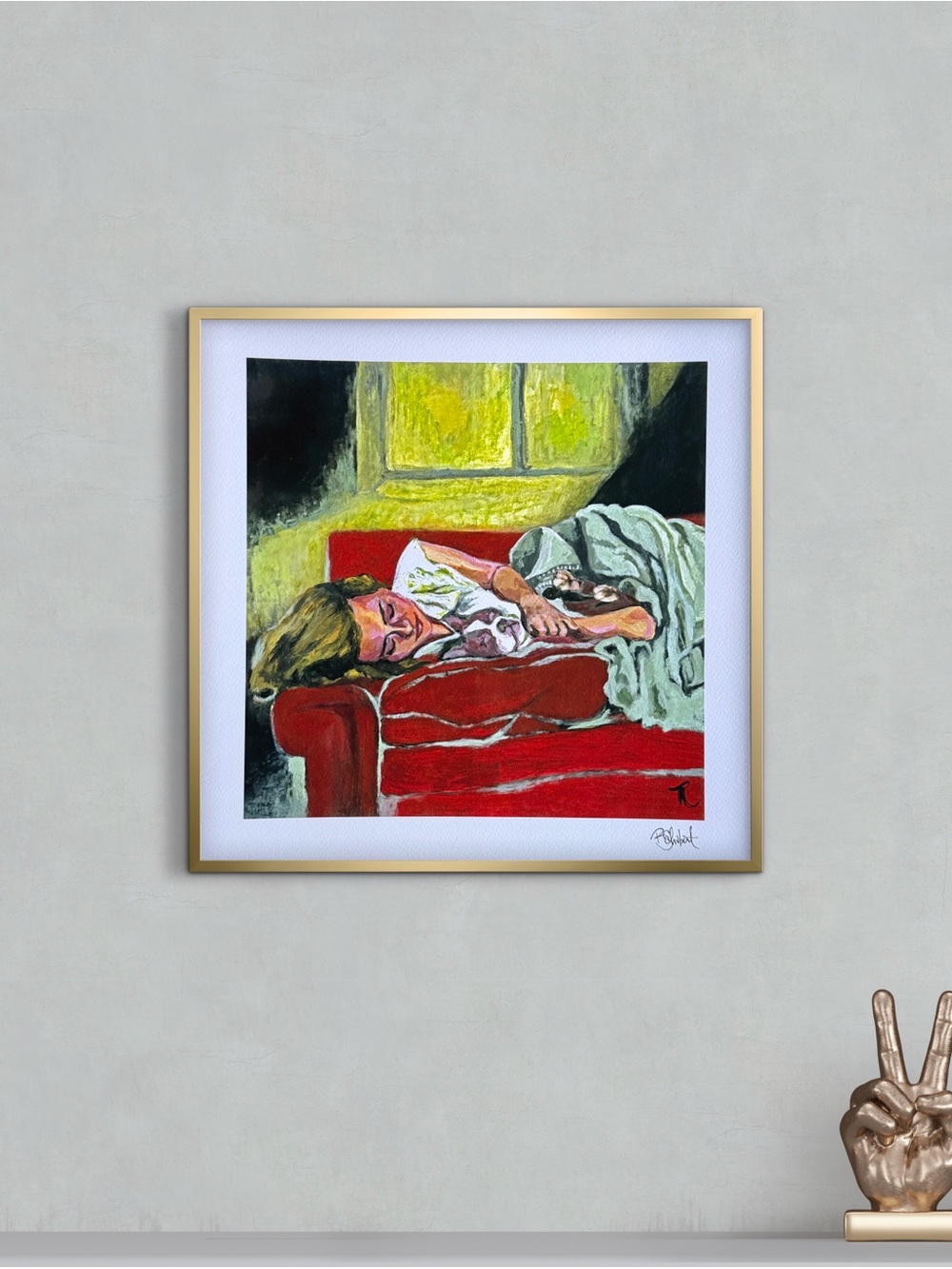 Fine Art Print measuring 12x12 unframed, Woman Reclining on Red Sofa